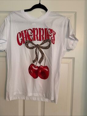 Sweet Claire White Tee with Red Cherries & Leopard Bow